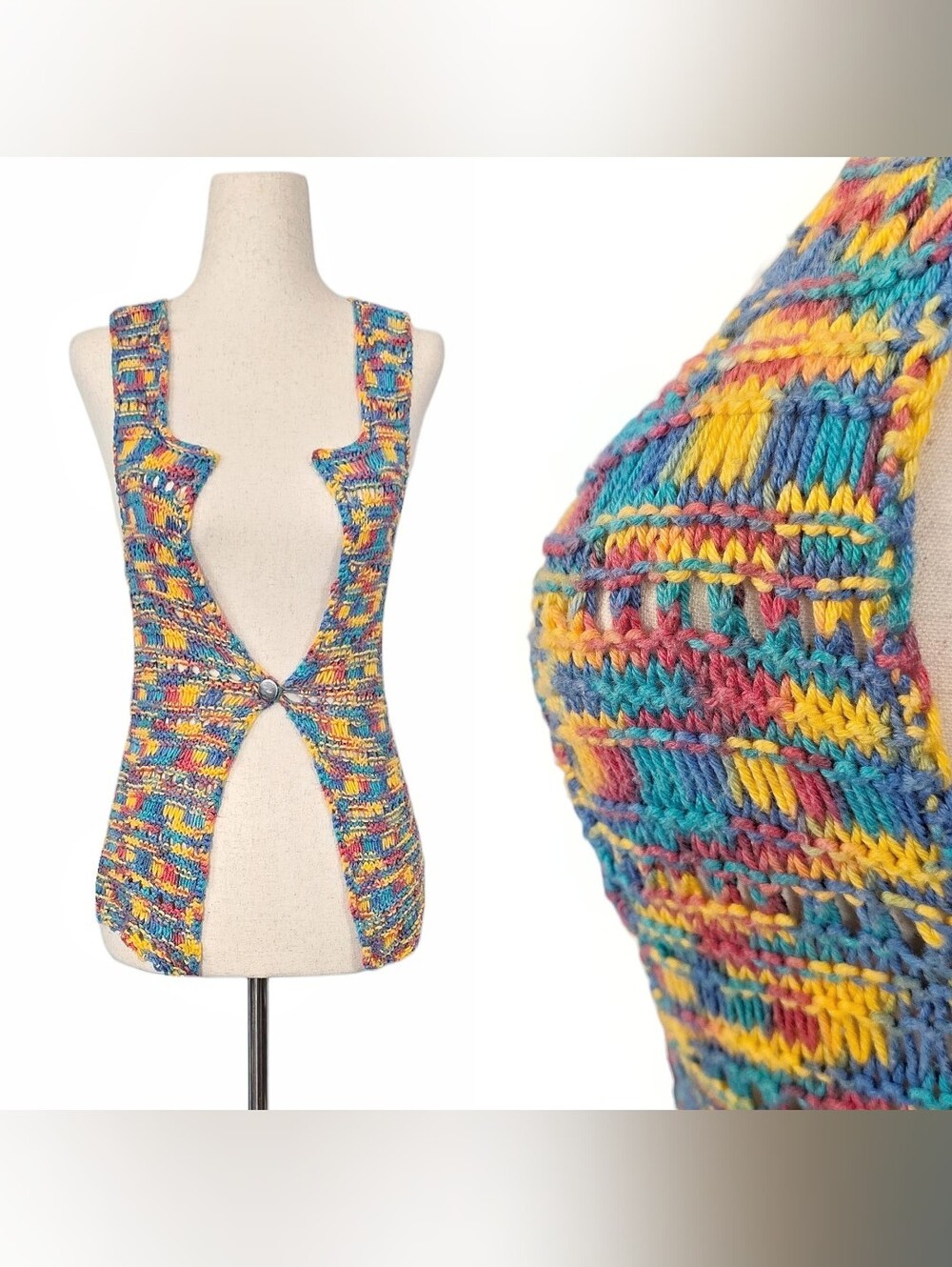 1970s Vintage Vest 70s Crochet Handmade Knit Yarn Top XS Small Hippie Bohemian